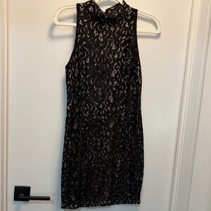 High-Neck Black Lace Mini Dress